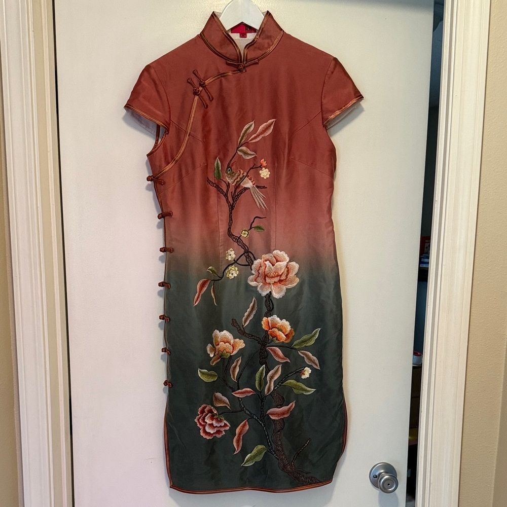 Vintage Embroidered Ombre Mandarin Dress - salmon to slate blue